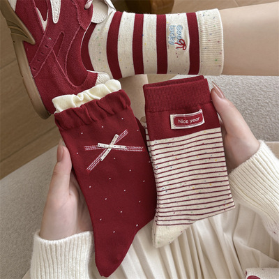 大红袜子女蝴蝶结波点本命年中筒袜结婚喜庆条纹布标新年袜堆堆袜