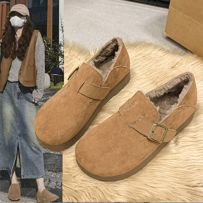 秋冬季厚底全包勃肯女鞋加绒豆豆鞋一脚蹬毛毛鞋加厚保暖博肯棉鞋