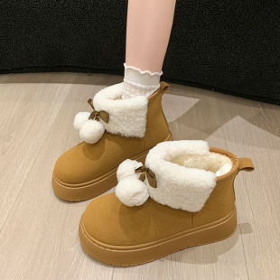 可爱毛球蝴蝶结厚底雪地靴冬季增高保暖加绒加厚棉鞋百搭毛毛短靴