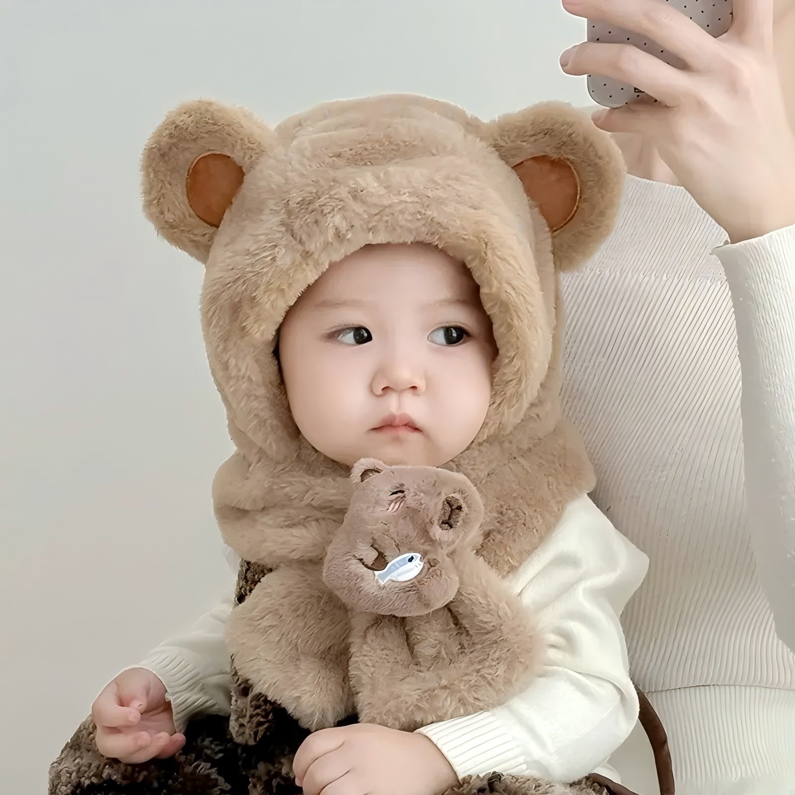 宝宝帽子围巾一体帽冬季可爱男女童婴儿针织毛绒帽围脖包头护耳帽