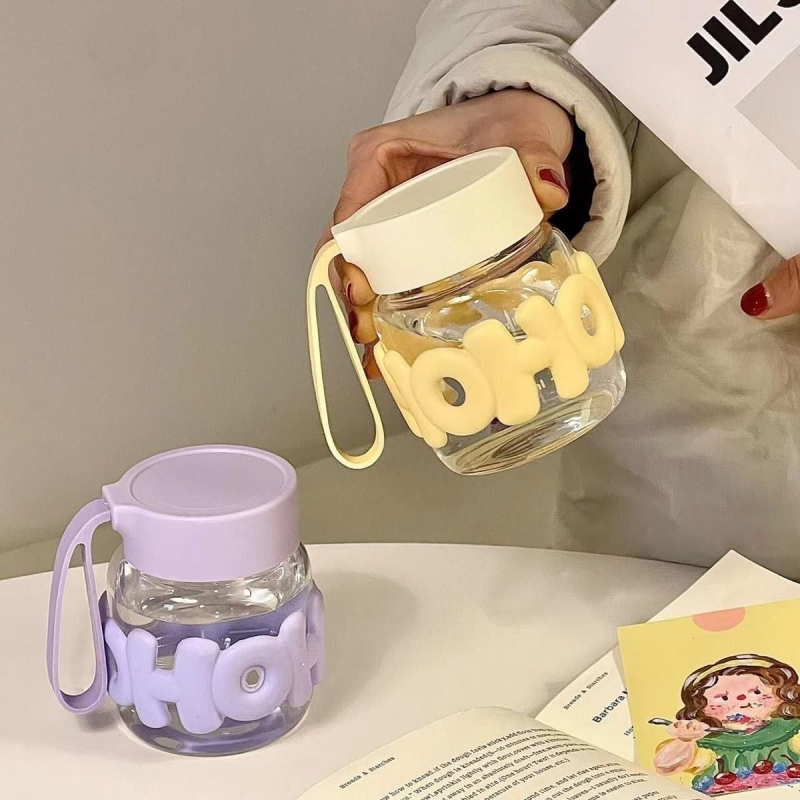 简约迷你小水杯高颜值字母胖胖提手杯便携咖啡杯随手杯带字母杯套