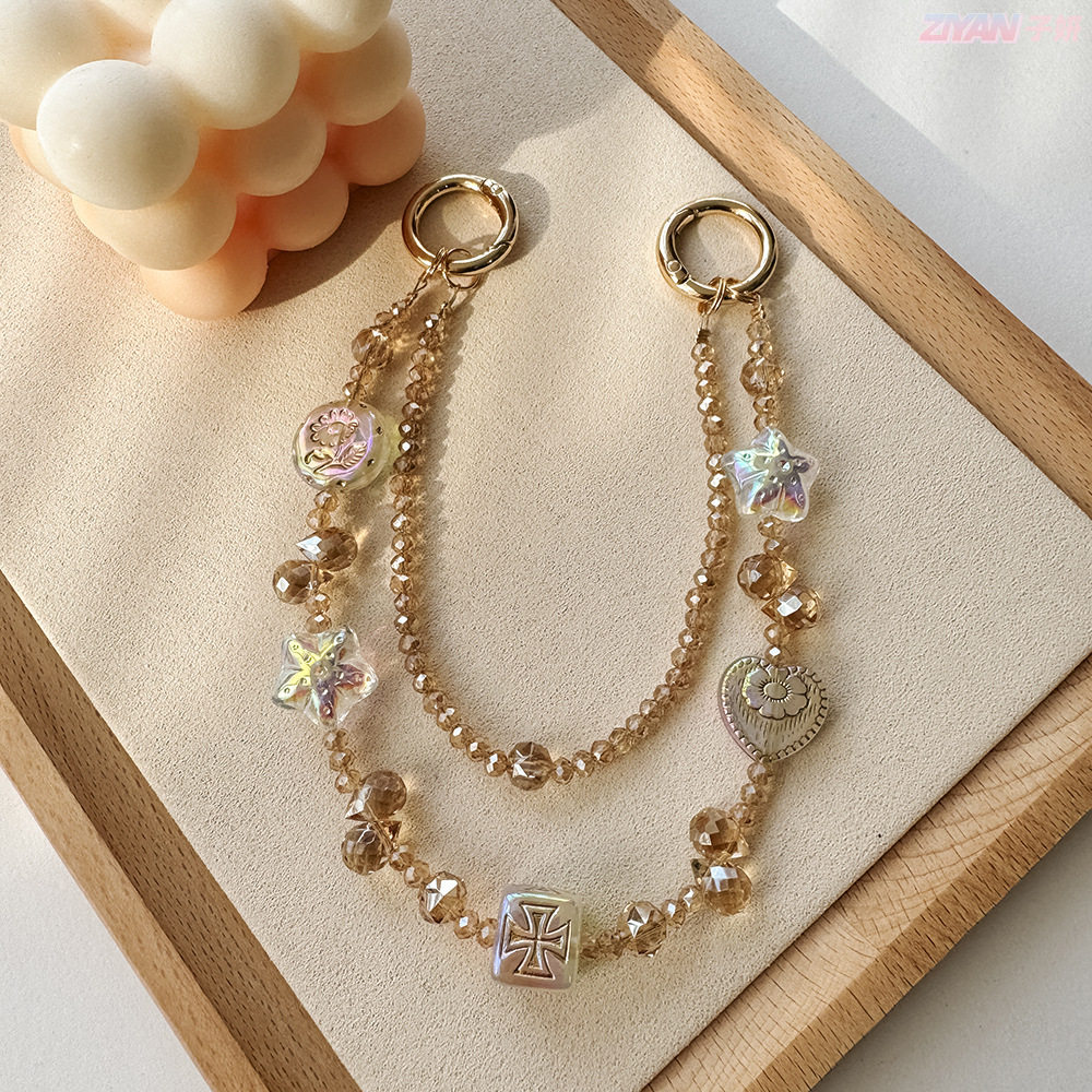 轻奢复古做旧香槟色双层链手机壳挂件挂绳轻奢手工串珠水晶链条汽车钥