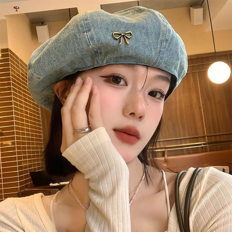 蝴蝶结水洗牛仔浅蓝色贝雷帽女春秋韩版百搭帽子云朵蓓蕾八角帽潮