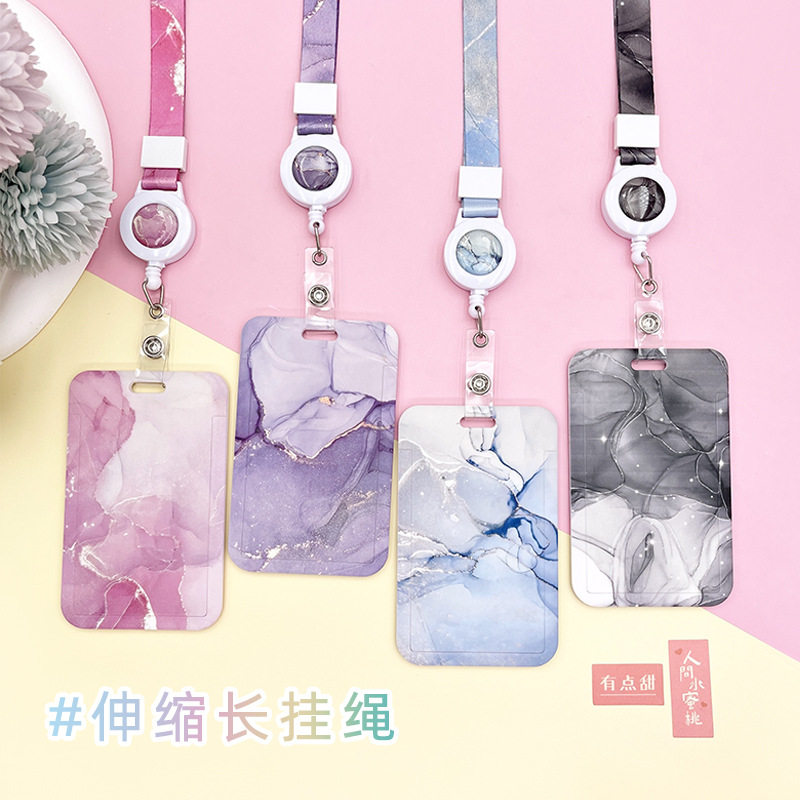 高清大理石硬卡套学生证件饭卡公交卡地铁卡门禁卡校园卡水卡银行卡会员卡带挂绳可伸缩滑盖放丢失高级保护套