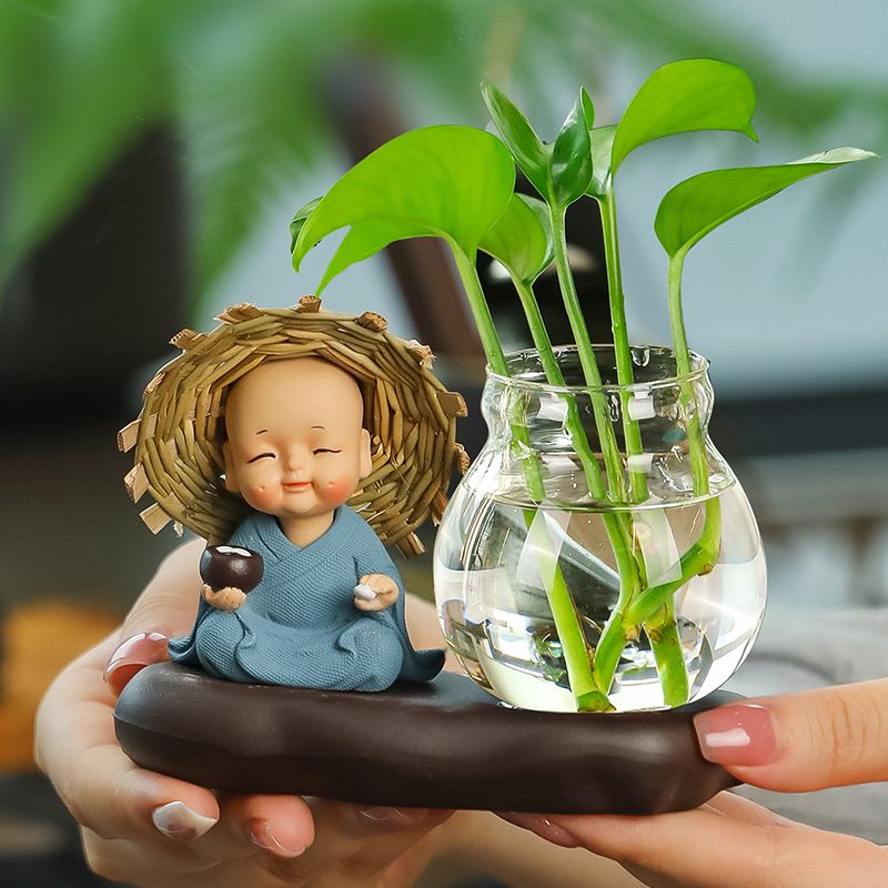 禅意小和尚桌面摆件绿萝水培器皿水养植物花瓶办公室客厅玄关装饰