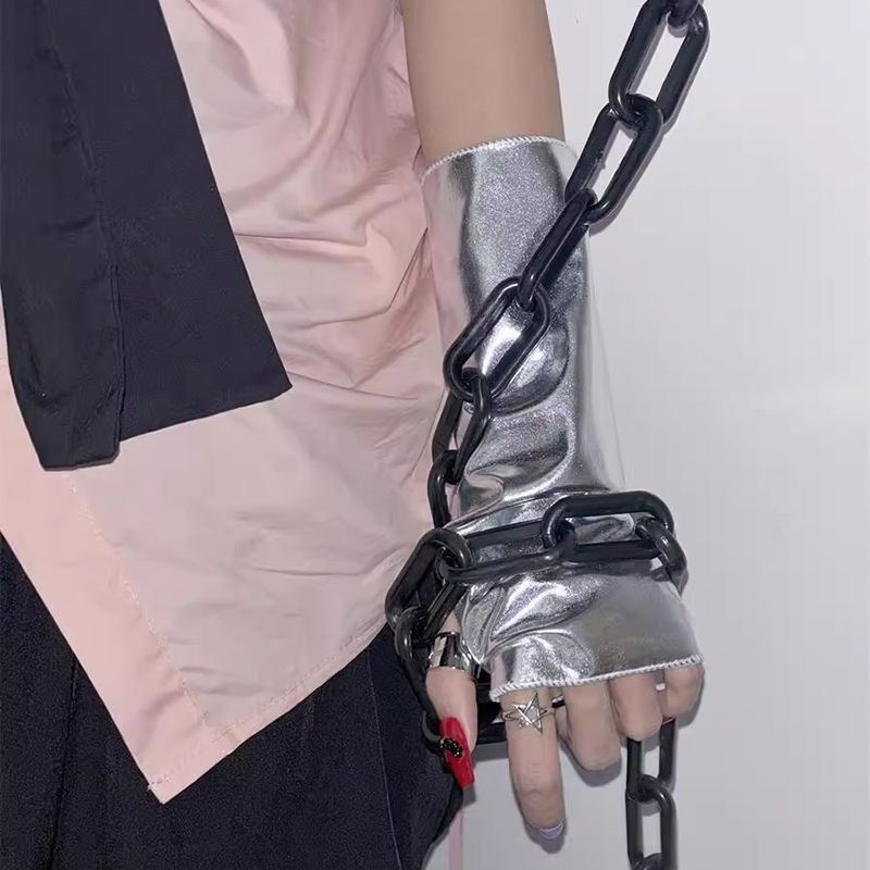 Y2K千禧辣妹镭射KPOP穿搭亚比银色跳舞欧美防晒袖套纯色半指手套
