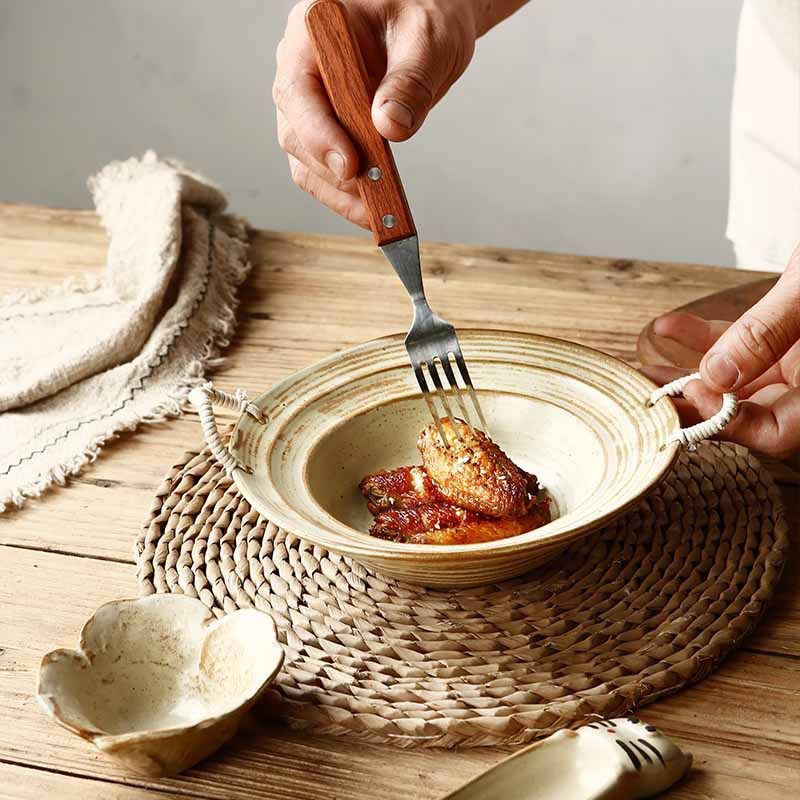 麻绳双耳粗陶碗日式复古做旧草帽碗菜盘料理意面碗家用面碗汤菜碗,家居饰品,装饰碗,淘宝优惠券,粉丝福利购,淘宝优惠卷