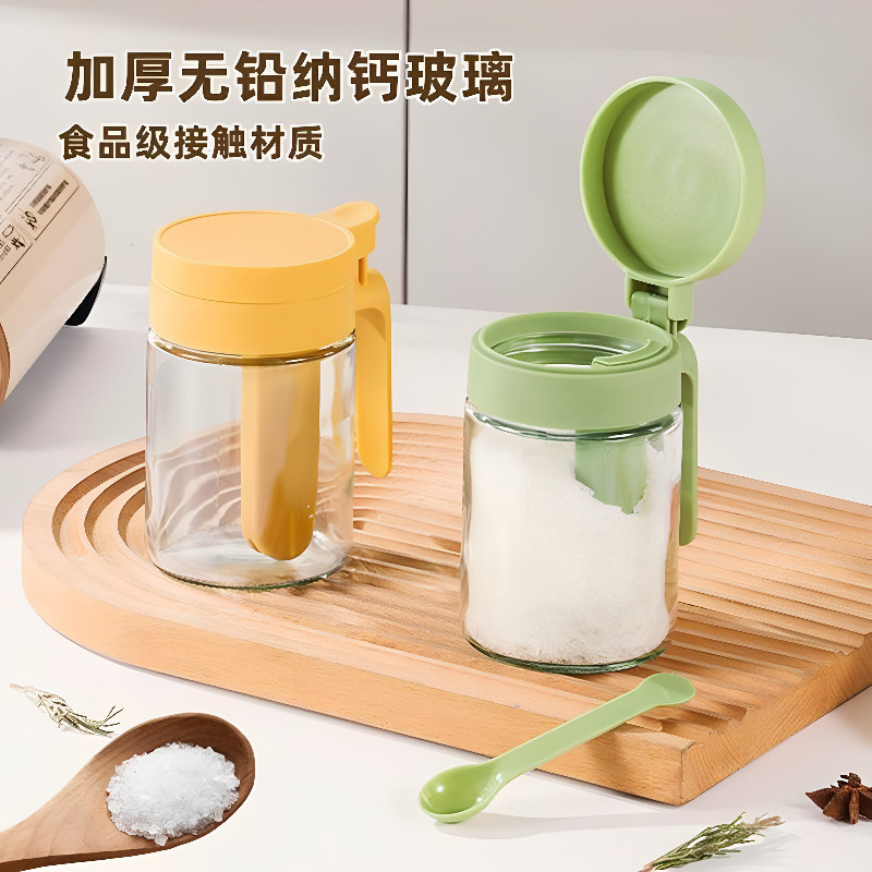 密封翻盖调料瓶自带勺仓厨房家用玻璃调味盐罐味精套装收纳盒防潮