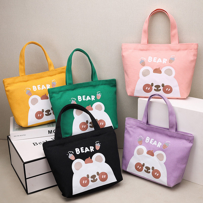 拉链款印花小熊帆布袋手提包女学生饭盒便当袋外出上班遛娃手提袋