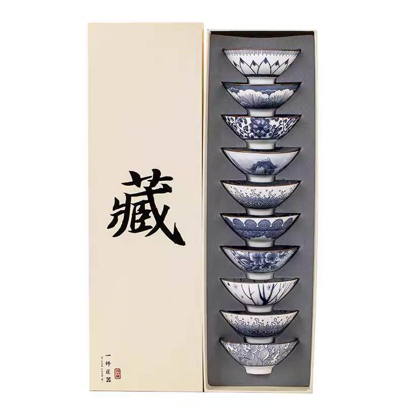 青花瓷茶杯10只套装陶瓷功夫小茶杯单杯个人杯茶盏复古品茗斗笠杯