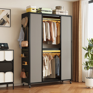 衣柜家用卧室出租房开放式挂衣架落地多层蜂窝门防尘储物货架柜子