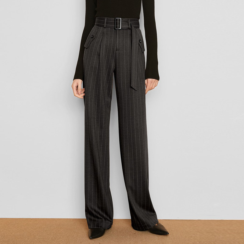 显瘦条纹毛料阔腿裤女垂感秋冬高腰长裤子羊毛呢加厚西装裤直筒裤