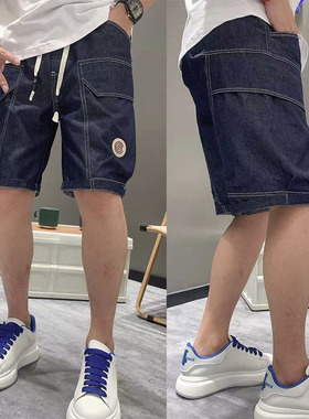 夏季蓝色牛仔短裤男士流行新款明线宽松直筒裤子青年工装风五分裤