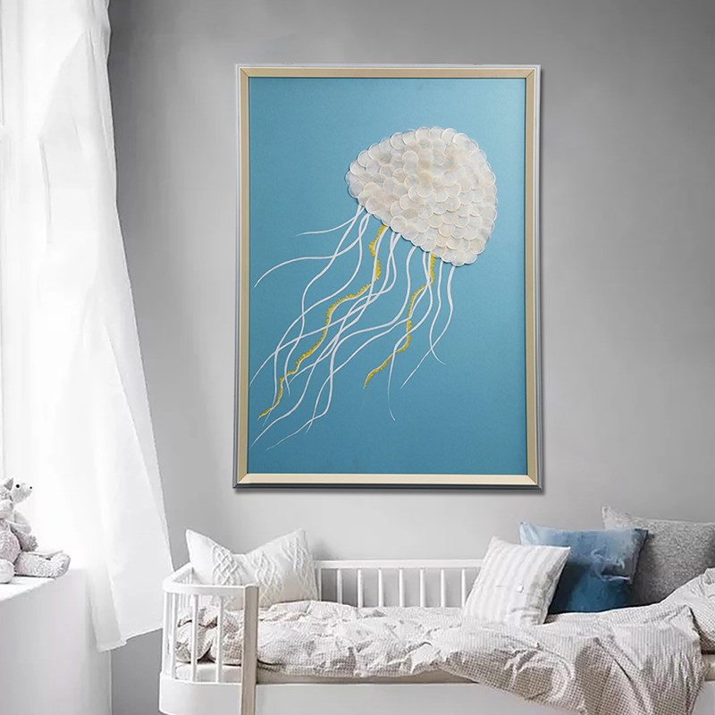 创意手绘工艺画高档贝壳立体装饰画玄关客餐厅创意海洋水母壁挂画图片