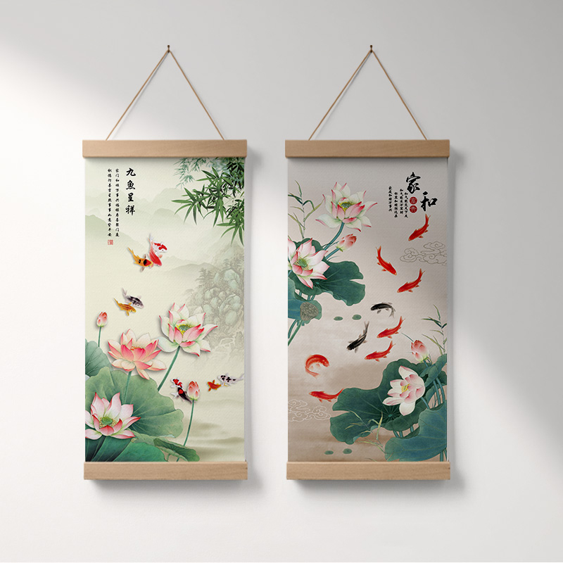 布艺聚财九鱼图挂画新中式茶室挂布墙画客厅壁画办公室装饰画荷花图片