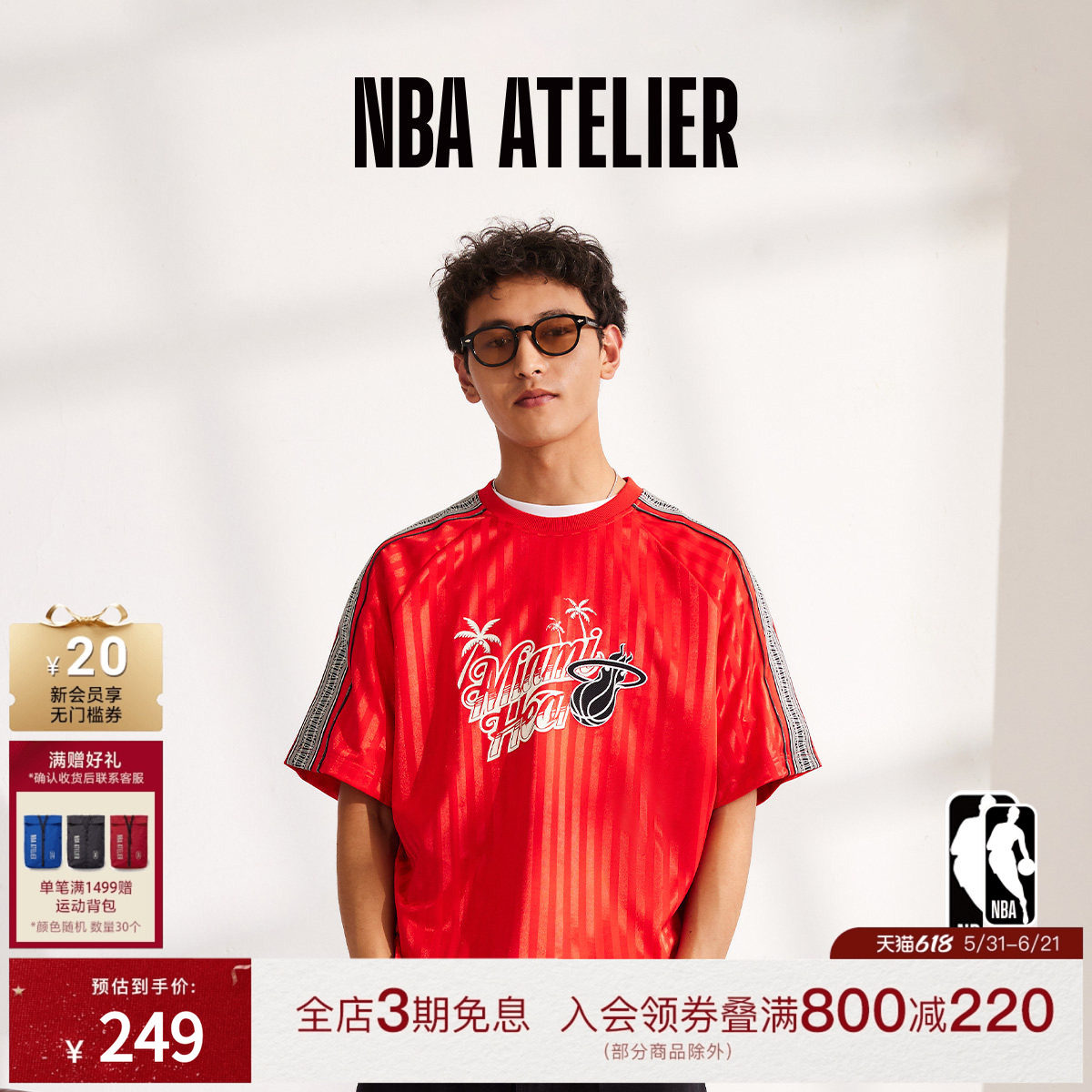 NBA ATELIER 男士热火队红色圆领宽松亲肤透气短袖休闲潮流T恤