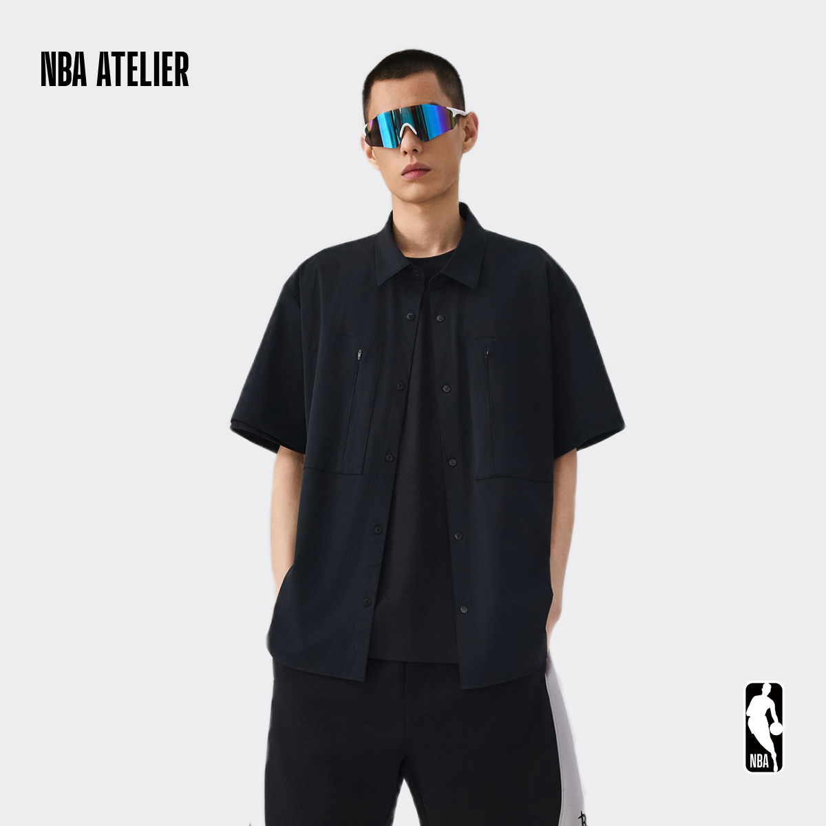 NBA ATELIER黑色常规男款短袖衬衫系扣宽松翻领休闲T恤