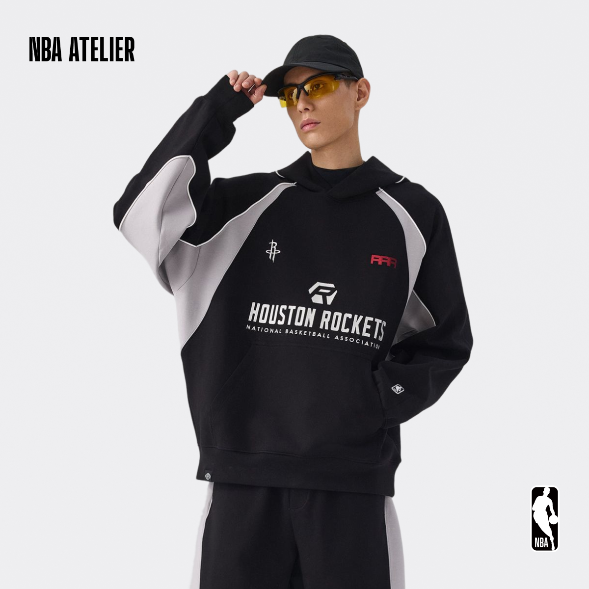 NBA ATELIER火箭队黑色阔版连帽宽松休闲套头衫拼色薄款卫衣男装