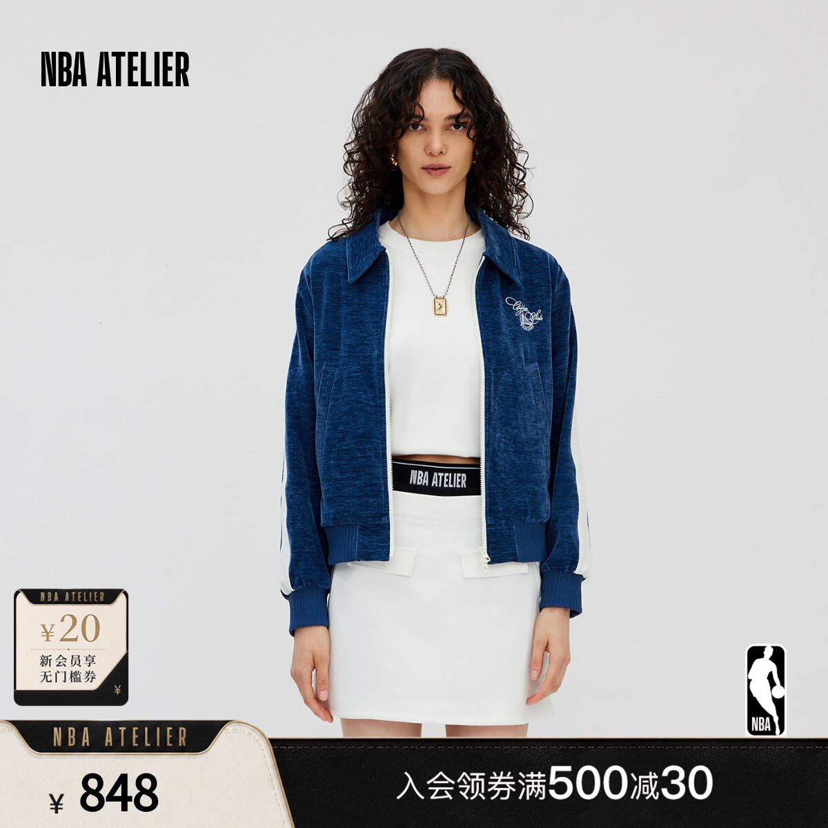 NBA ATELIER女士外套勇士队翻领刺绣夹克运动休闲上衣女装