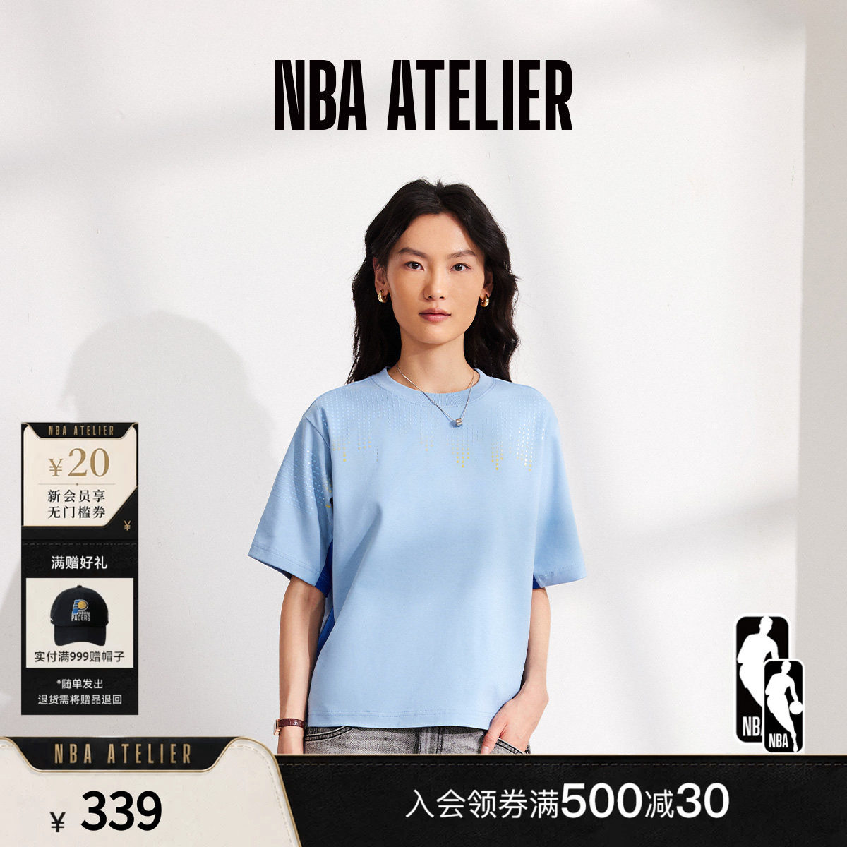 NBA ATELIER女士勇士队宽松印花拼色T恤圆领运动休闲宽松潮流短袖