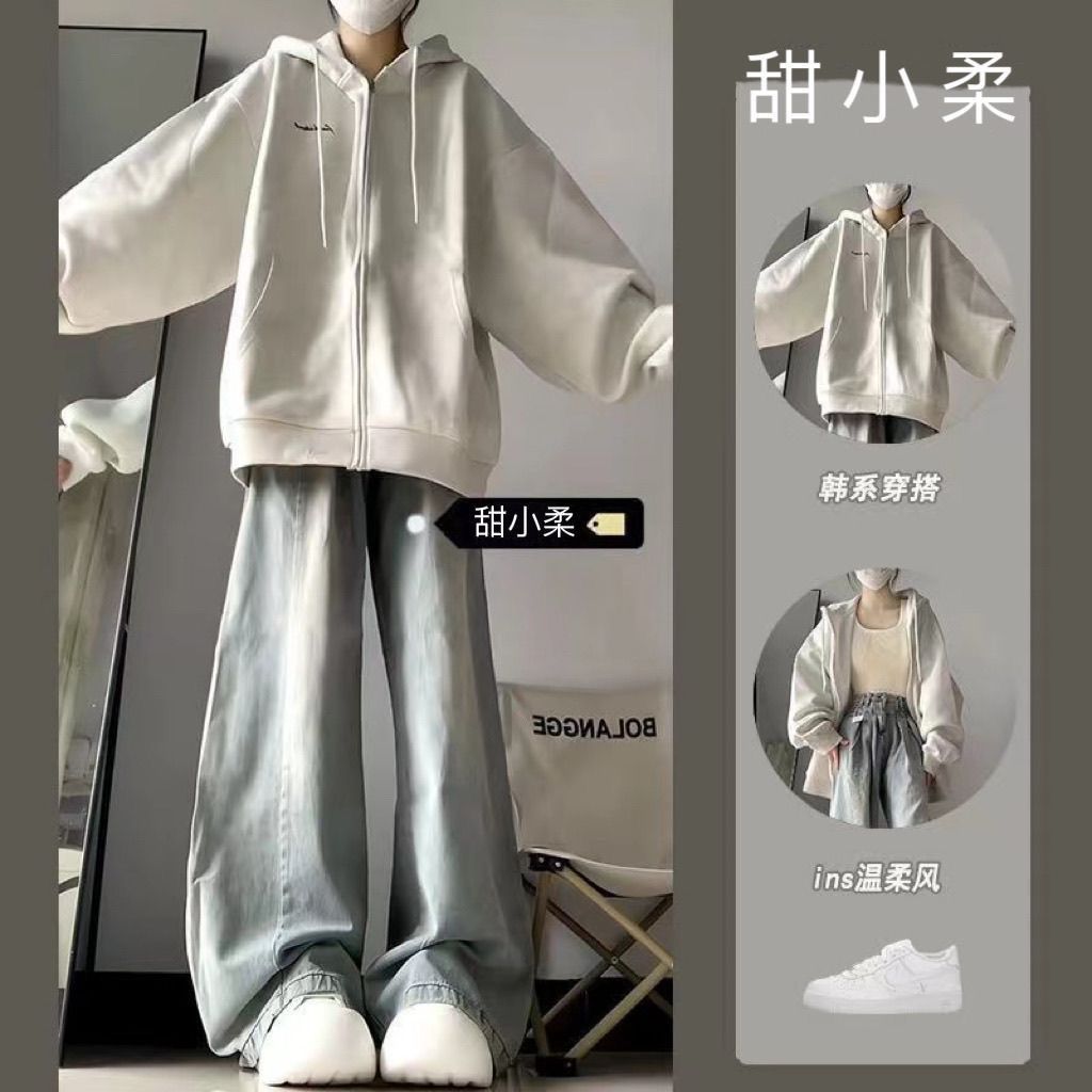 女大童韩版宽松上衣高初中学生女生一套衣服长袖开衫卫衣牛仔裤潮