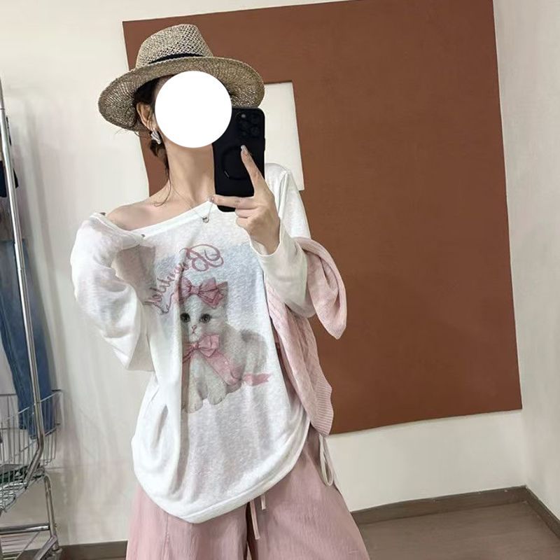 韩系慵懒甜美猫咪印花罩衫长袖t恤女春夏穿搭设计感薄纱上衣