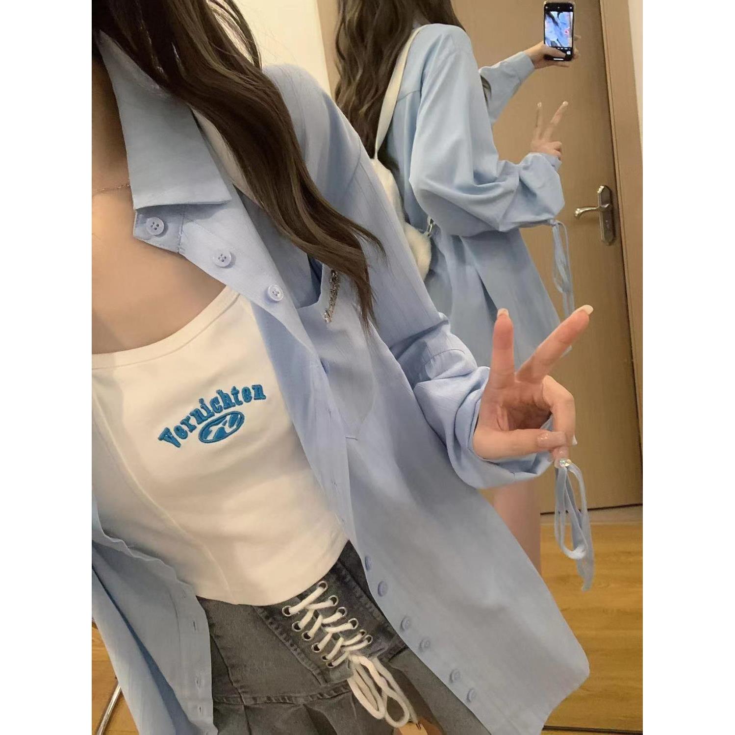 秋季蓝色长袖衬衫外套女夏季慵懒休闲设计感白色上衣绑带防晒衬衣