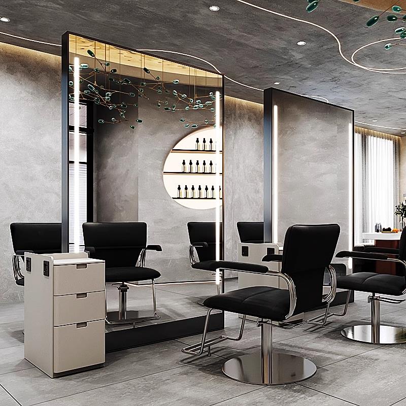 理发店贴墙镜美发店带灯镜台发廊简约落地镜带柜子单双面烫染镜子
