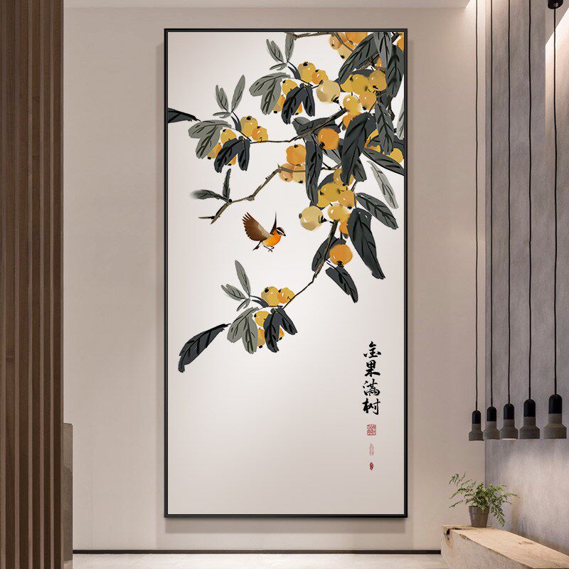 入户玄关走廊过道装饰画新中式挂画客厅背景墙画花鸟玄幻壁画竖版