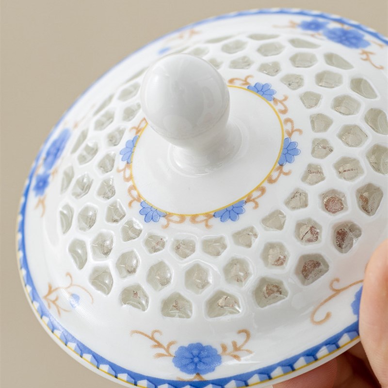 玲珑镂空会议杯陶瓷茶杯大容量水杯办公杯带盖青花蜂窝马克笔定制