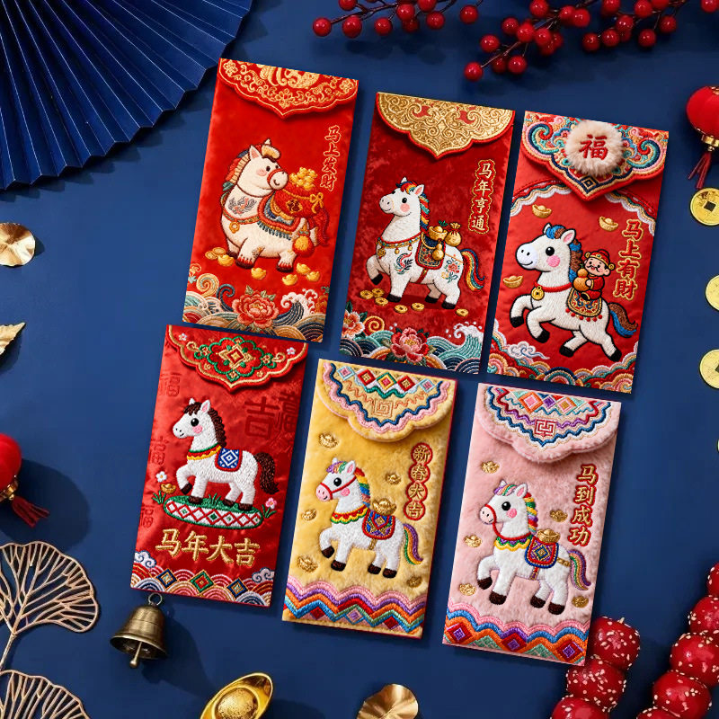 2026年马上有财马年红包立体卡通手绘新款平面刺绣风格利是封