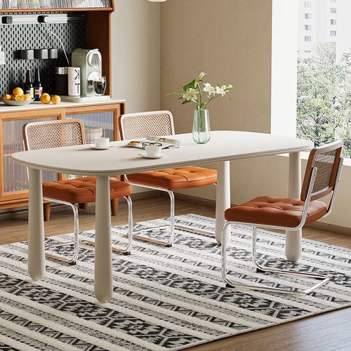 国闽奶油风岩板实木餐桌小户型饭桌法式餐椅不占空间的现代风桌子