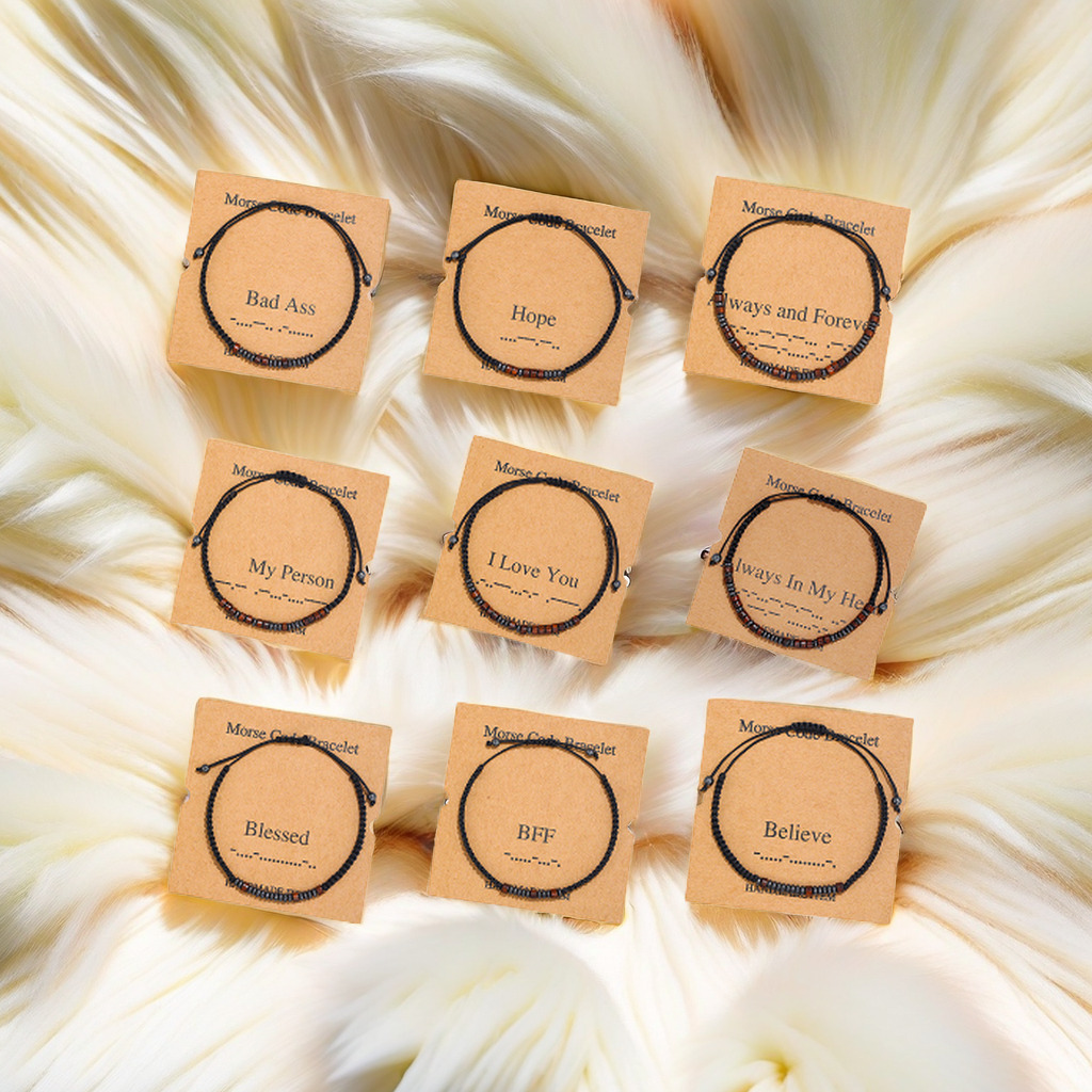 亚马逊热卖摩尔斯密码手绳创意黑耀石串珠摩斯密码手链纯手工编织