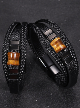 亚马逊爆款双扣虎眼石手链皮革饰品热销复古首饰欧美竹节手镯