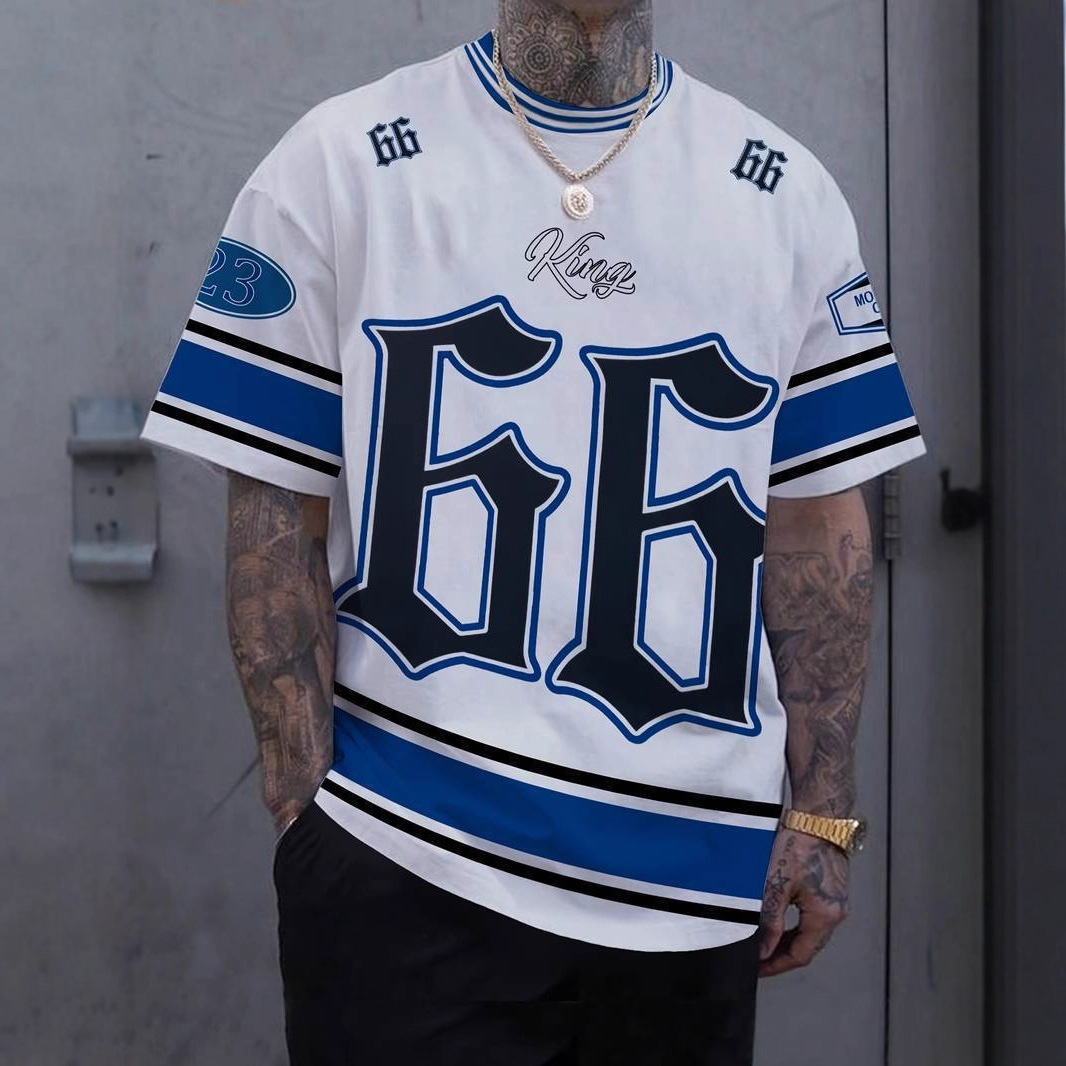 亚马逊跨境3d数码印花66号球服T恤衫欧美休闲夏季圆领男士短袖