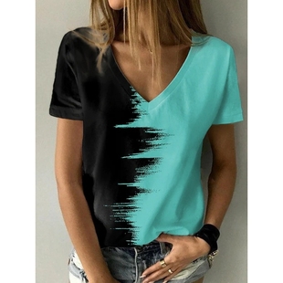 2023新款女式T恤绿色蓝色粉3D数码印花短袖休闲周末基本领抽象