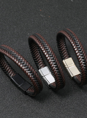 极速欧美新款简约百搭编织皮革手錬合M金磁铁扣复古男女手环