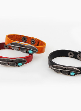 极速琦诺跨境日韩时尚手錬金属风镶D嵌绿松石真皮复古手环牛皮材