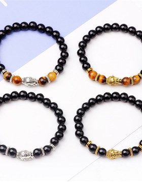 极速琦诺经典款手錬黑玛瑙石串珠弹力手錬佛头佛珠信X仰菩提手錬