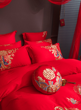 极速大红色纯棉小抱枕带芯精致刺绣结婚床品子Q孙枕婚庆配件圆形
