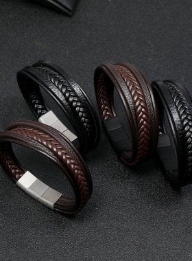 极速欧美跨境饰品不锈p钢磁铁扣男士牛皮手錬创意多层简约编织皮