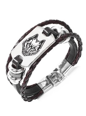 极速跨境欧美f爆款手錬西伯利亚狼头合金铁牌手环真皮动物造型个