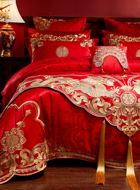 极速刺绣床旗 全棉结婚饰品婚庆床上用品大红色1.8m2..2Zm 四件套