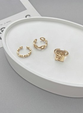 极速Golden rkings women金色人脸笑脸麻花编织戒指女食指