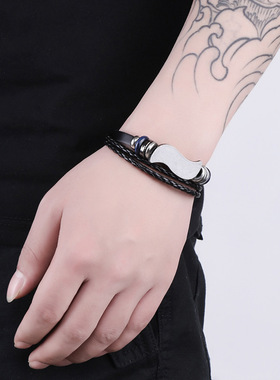 极速欧美新款饰品个性编织m牛皮手錬简约对扣复古男士皮革手环