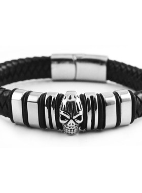 极速欧美复古钛钢真皮手环个性骷髅A头手镯 男士霸气百搭首饰品LE