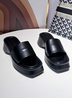 极速Uncle Jian厚底w松糕拖鞋女夏外穿新款黑色一字凉拖鞋沙滩