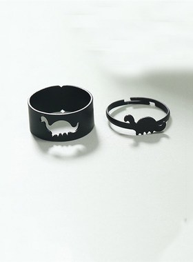 极速2PCS Gothic Punk Dinosaur Couple Ring Set ViTntage Black