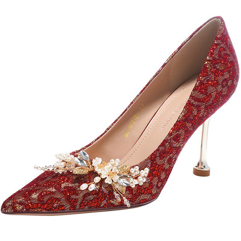 新品红色婚鞋中式新娘鞋秀禾婚纱两穿2026新款绸缎W高跟鞋女细跟