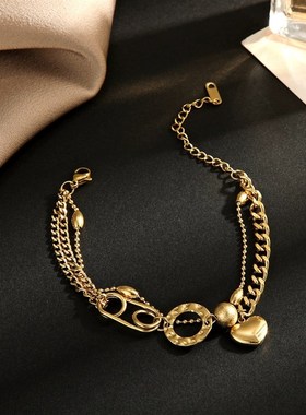 极速跨境2层爱心手錬欧美INS小众设H计镂空回纹针圆形钛钢手錬